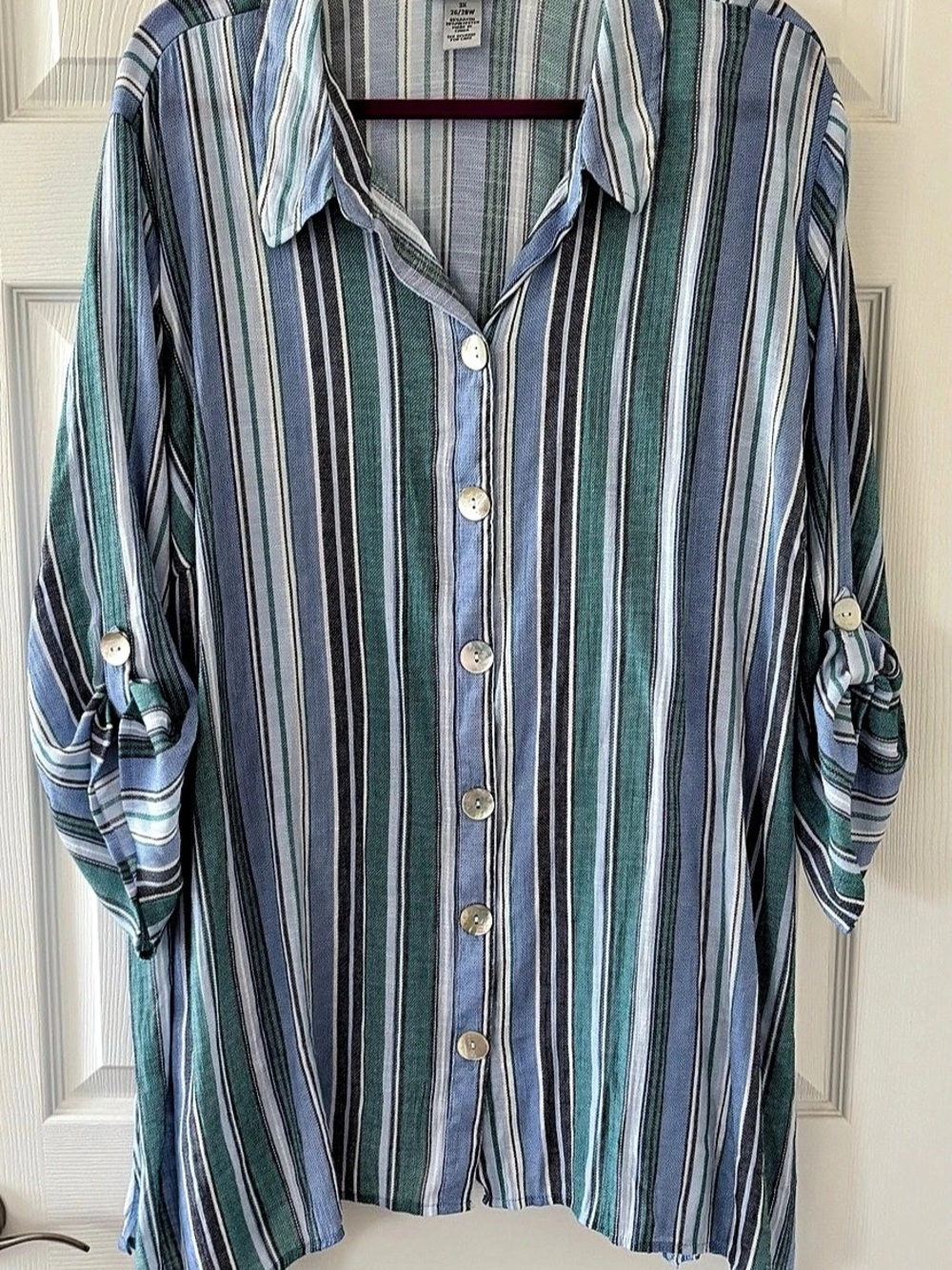Catherines Blue Green Striped Button-Up Tunic Top 3X